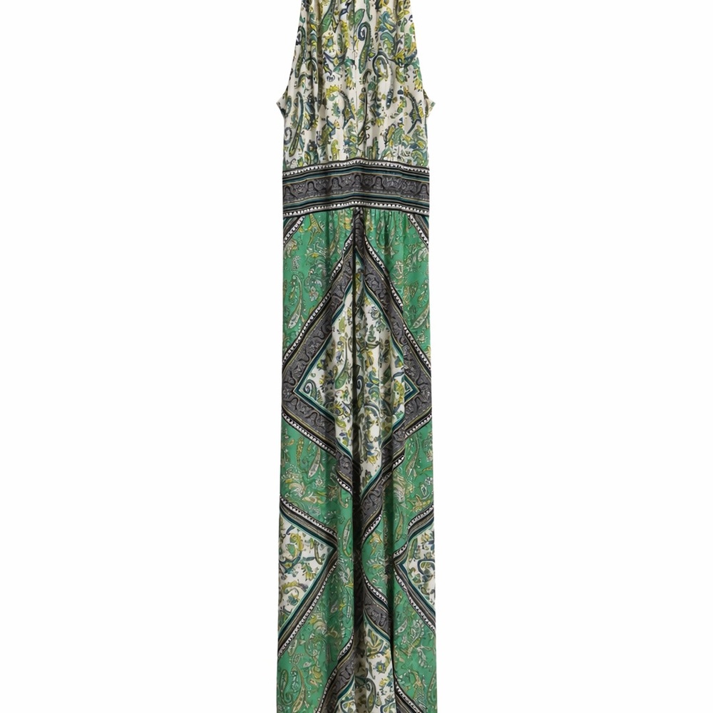 London Fog Green Paisley Halter Maxi Dress with Cream and Black Accents